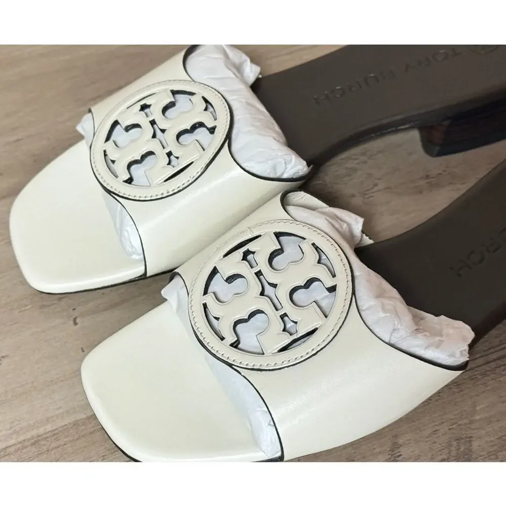 Tory Burch Women’s Bombé Miller Slide Calfskin Leather White 25mm Size 6M
